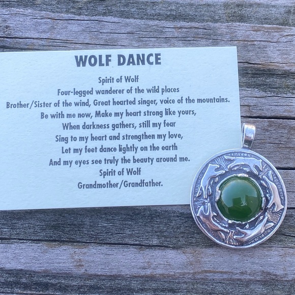 Wolf Dance Pendant .925 Sterling Silver w/ genuine Jade gem made in the USA - Picture 6 of 10